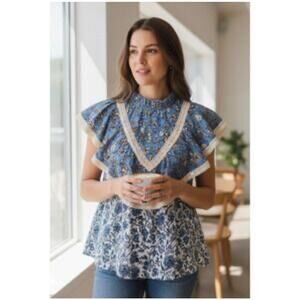 Fox & Hen Blue Floral Lace Trim Boho Peasant Blouse Ruffle Neck Size L